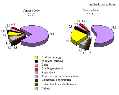The use of foreign investments and credits in separate branches of economy in 1H 2011
